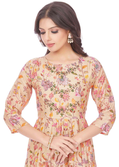 Beige Muslin Printed Frock Style Kurti