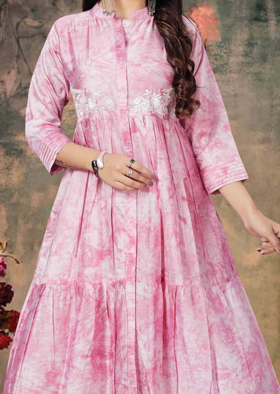 Pink Chanderi Printed Frock Style Kurti