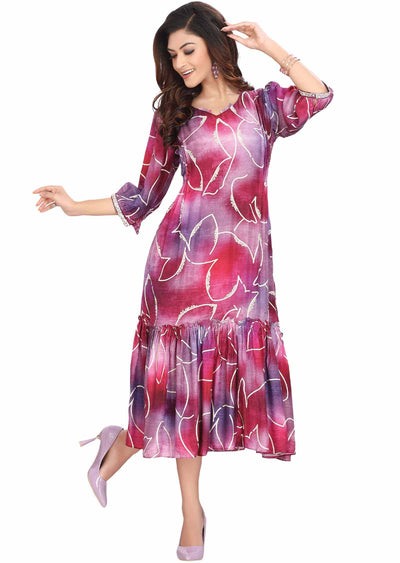 Purple Silk Printed Frock Style Kurti