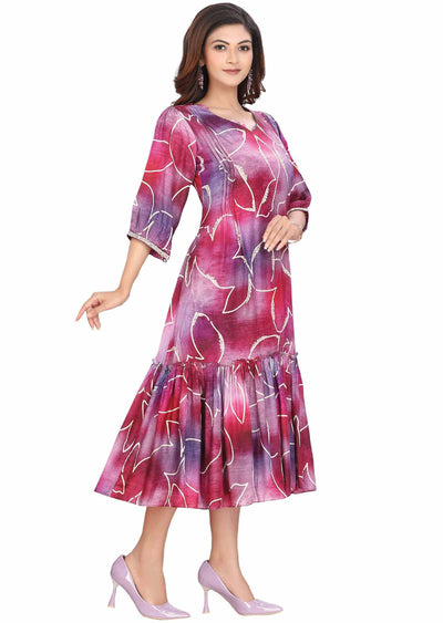 Purple Silk Printed Frock Style Kurti