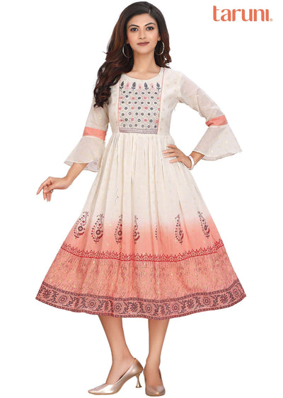 Cream Banaras Cotton Printed Frock Style Kurti