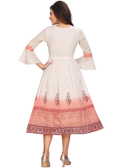 Cream Banaras Cotton Printed Frock Style Kurti