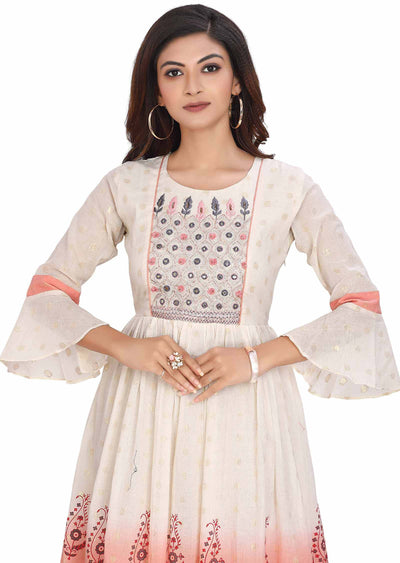 Cream Banaras Cotton Printed Frock Style Kurti
