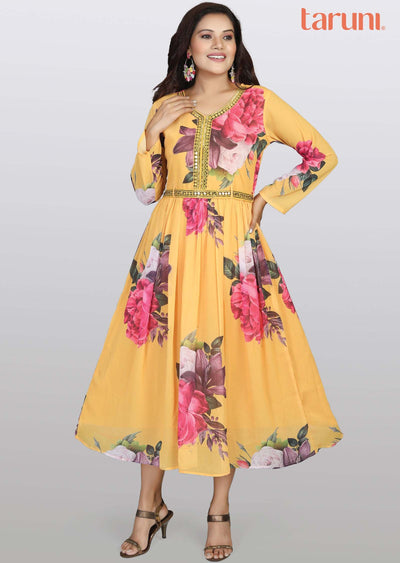 Mustard Georgette Printed Frock Style Kurti