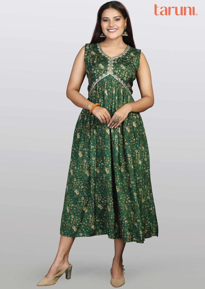 Green Modal Sequins Frock Style Kurti