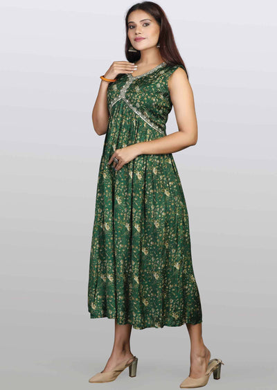 Green Modal Sequins Frock Style Kurti