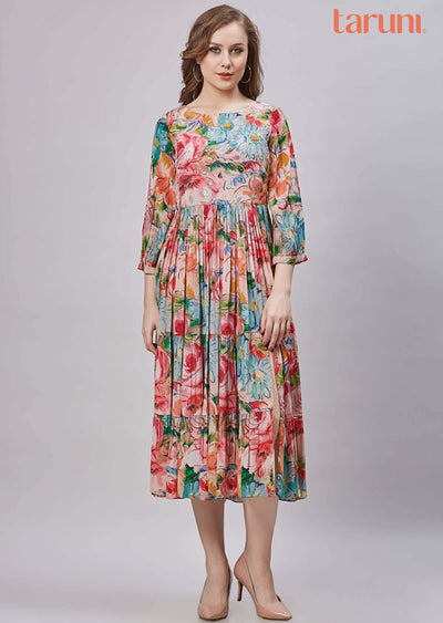 Peach Crepe Embroidered Frock Style Kurti