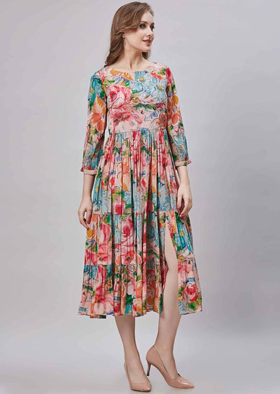 Peach Crepe Embroidered Frock Style Kurti