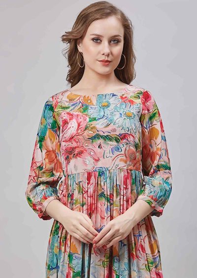 Peach Crepe Embroidered Frock Style Kurti