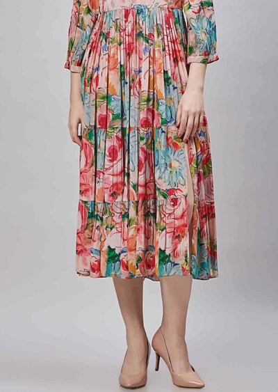 Peach Crepe Embroidered Frock Style Kurti