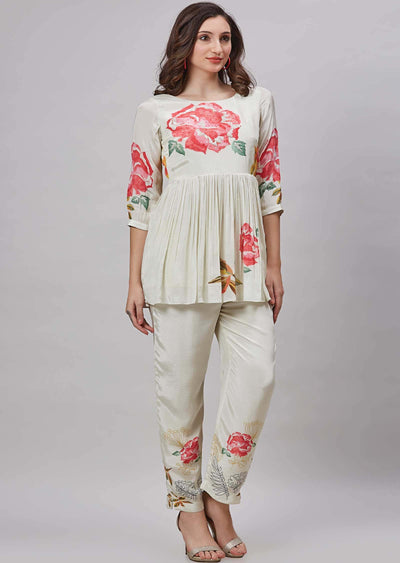 Cream Crepe Embroidered Co-Ord Set