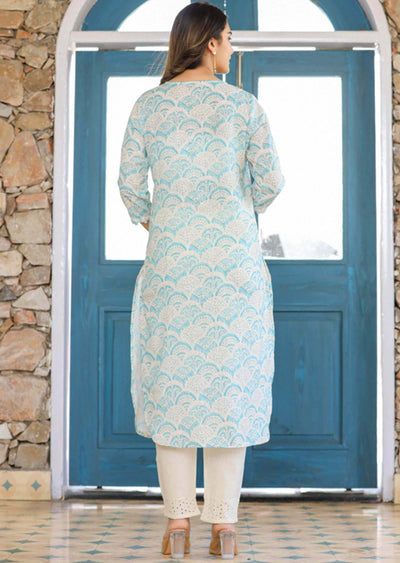 Beige/Sea Green Linen Cotton Sequins Kurti Sets