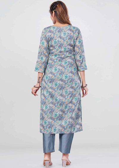 Grey Cotton Printed Kurti Sets
