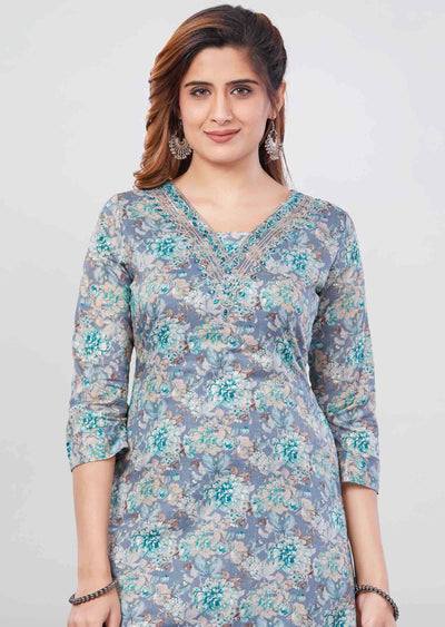 Grey Cotton Printed Kurti Sets