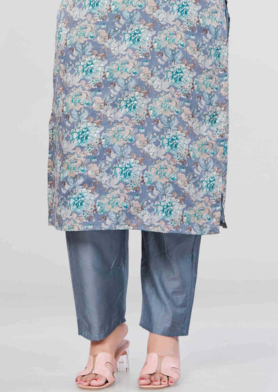 Grey Cotton Printed Kurti Sets