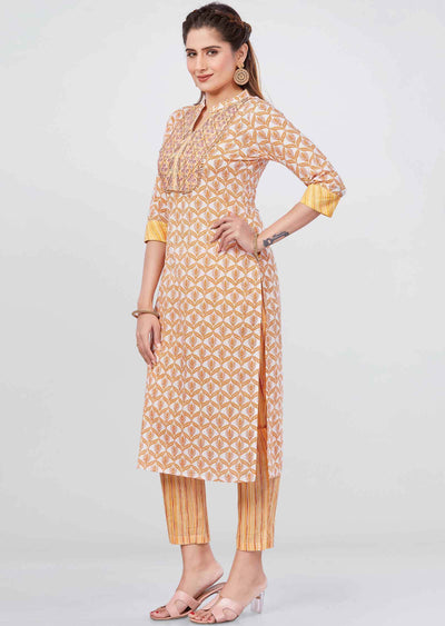 Off White/Orange Cotton Printed Kurti Sets