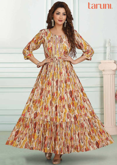 Cream Reyon Printed Kurti