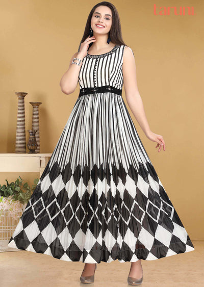 White & Black georgette Embroidered Kurti Full legth