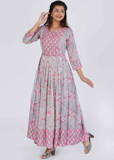 Light Grey Banaras Chanderi Sequins Full Length Kurti