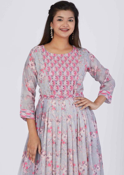 Light Grey Banaras Chanderi Sequins Full Length Kurti