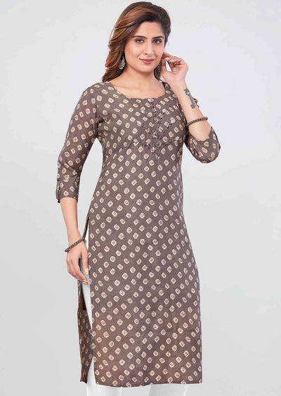 Brown Muslin Printed Straight Cut Kurti