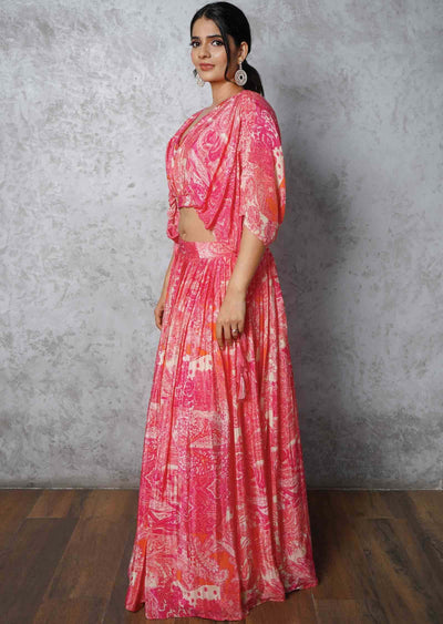 Beige & Pink Crepe Printed Crop Top