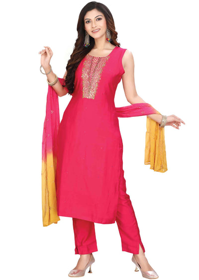 Rani pink Silk Zardosi & Embroidered Straight cut suits