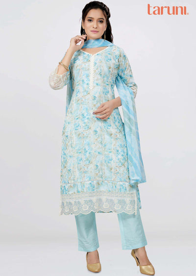 Light Blue schiffli cotton Printed Straight cut suits