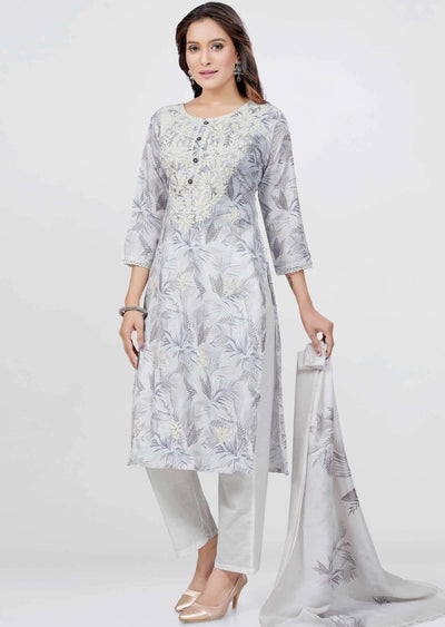 Light Grey Linen Cotton Printed Straight cut suits