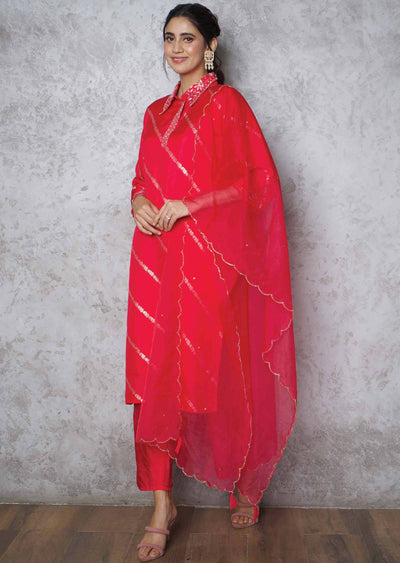 Rani Pink Banaras Zardosi & Embroidered Straight cut suits