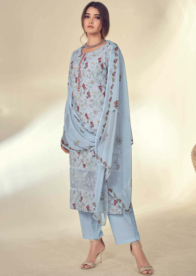 Light Blue Schiffli Cotton Embroidered Straight cut suits