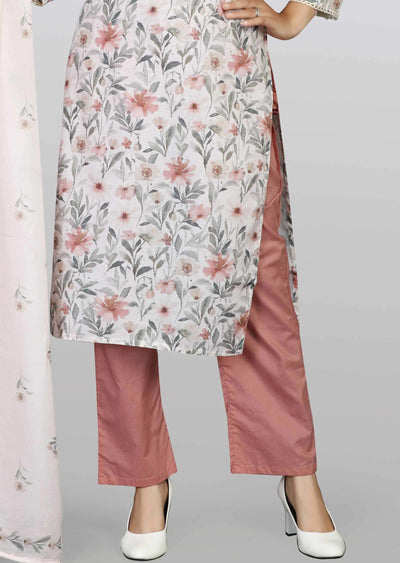 Light Beige Linen Cotton Printed Straight cut suits