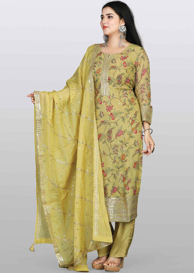 Light Mehandi Green Organza Sequins & Gota work Straight cut suits