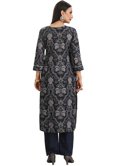 Teal Blue Linen Cotton Embroidered Straight cut suits