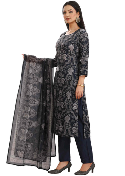 Teal Blue Linen Cotton Embroidered Straight cut suits