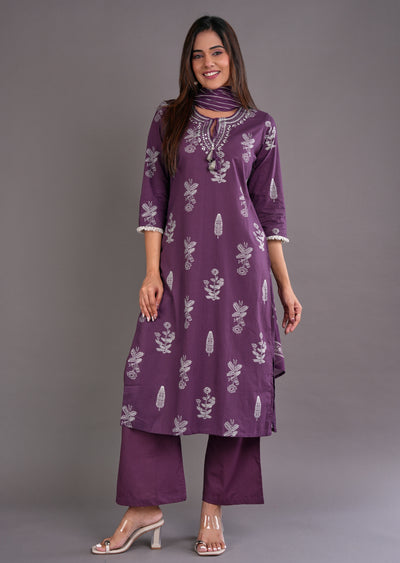 Purple Cotton Straight Cut Suit