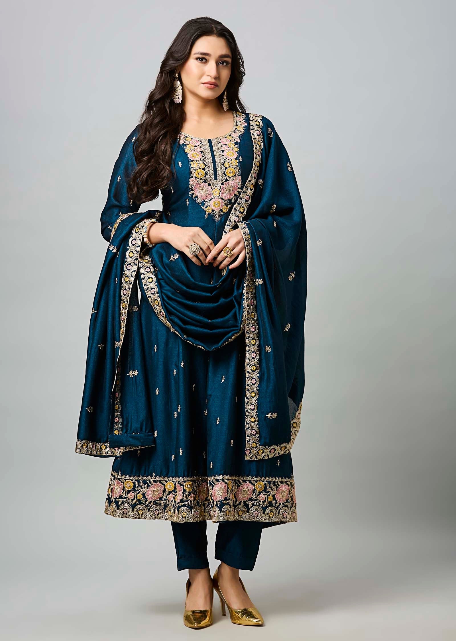 Teal Blue Soft Silk Anarkali Suit