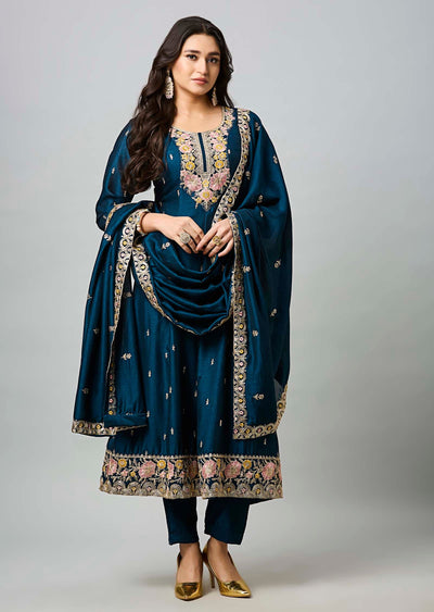 Teal Blue Soft Silk Anarkali Suit