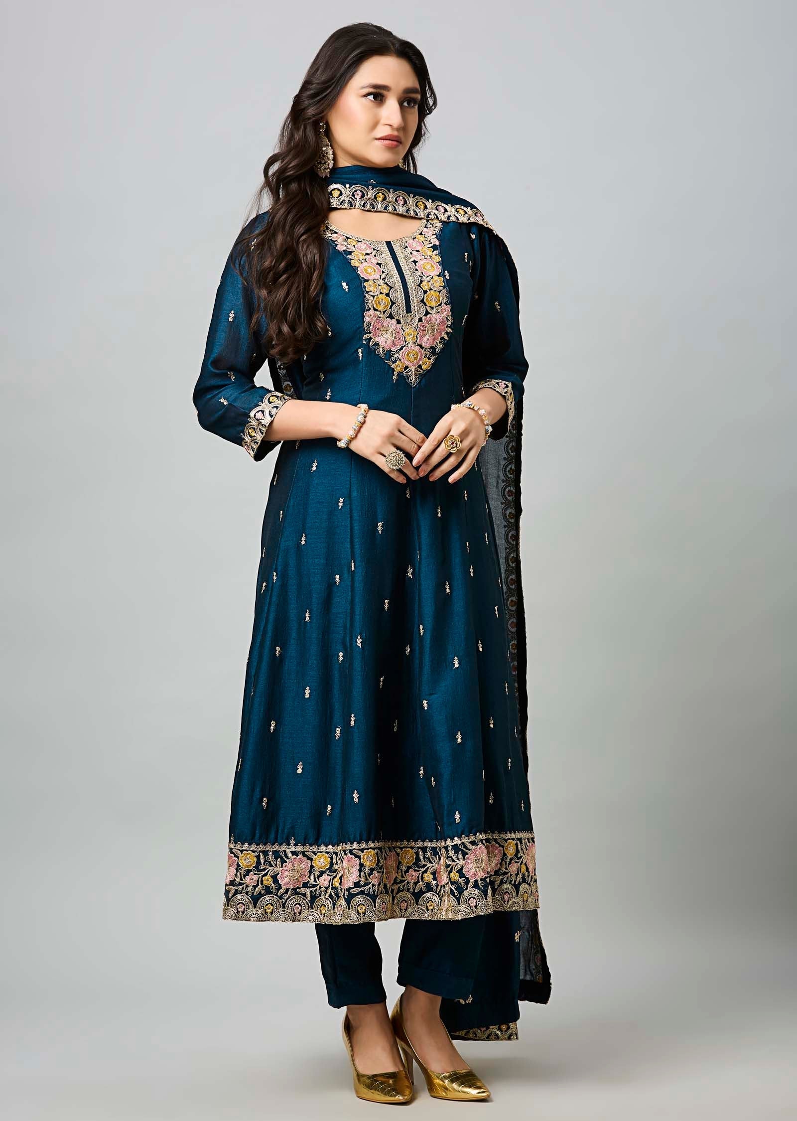Teal Blue Soft Silk Anarkali Suit
