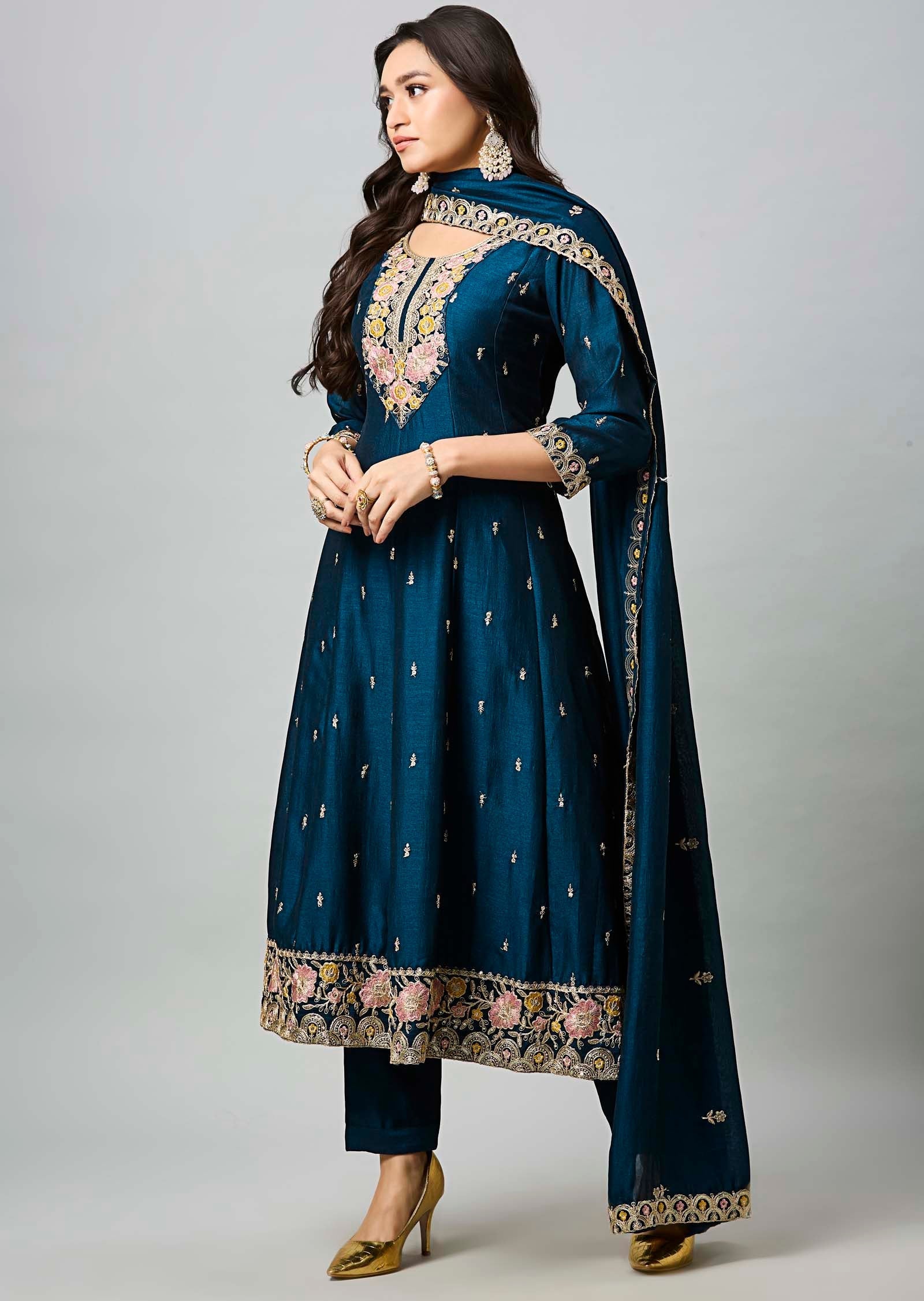 Teal Blue Soft Silk Anarkali Suit