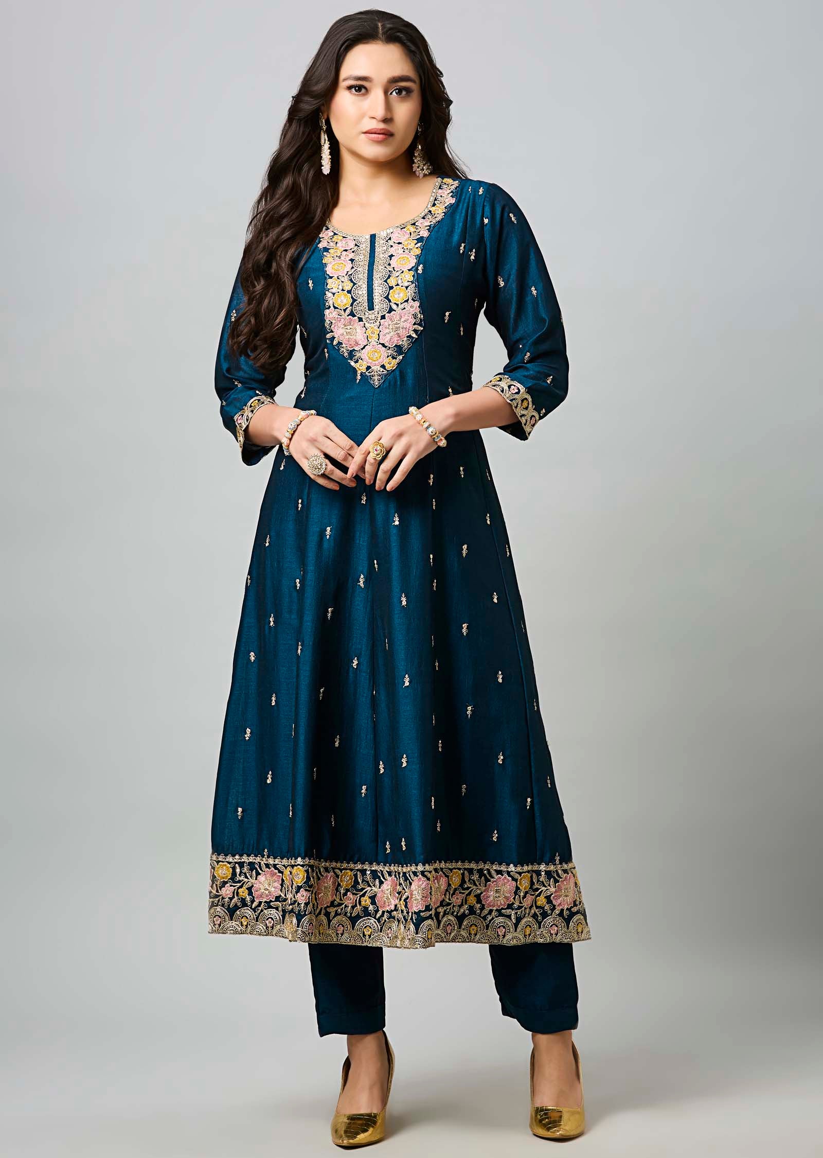 Teal Blue Soft Silk Anarkali Suit