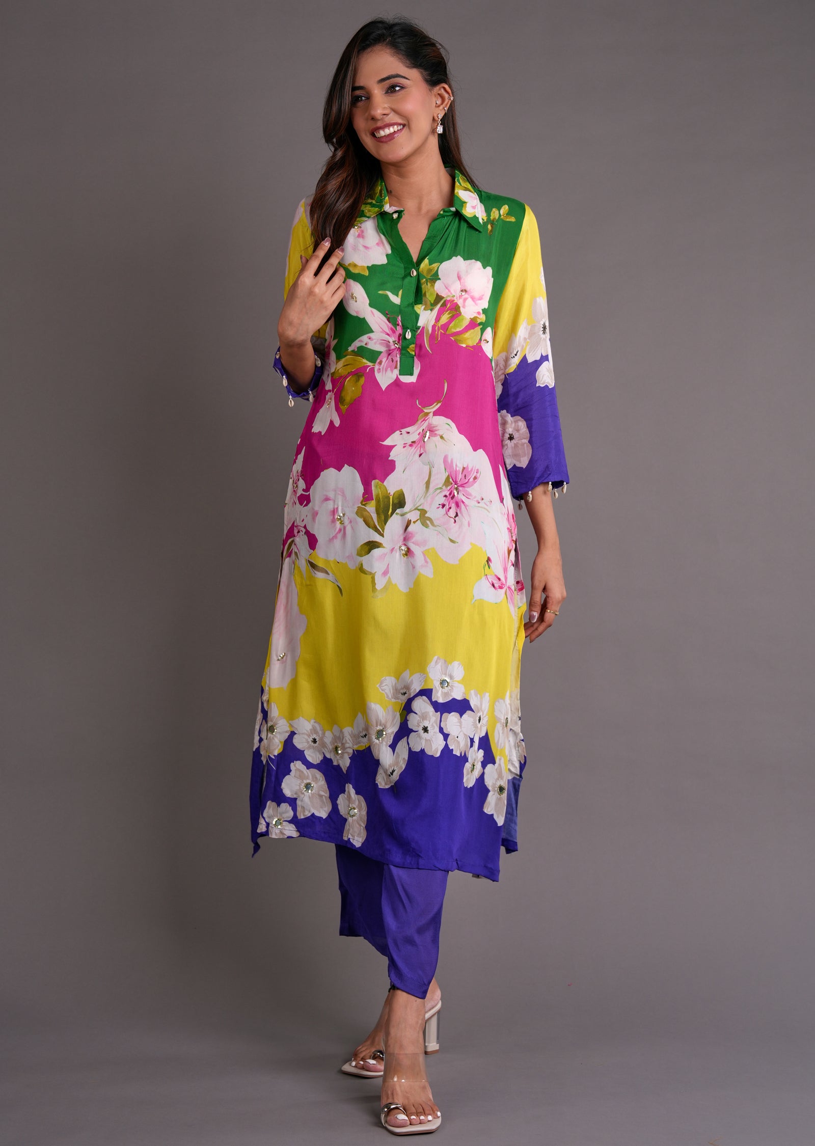Multi Colour Muslin Straight Cut Kurti Set