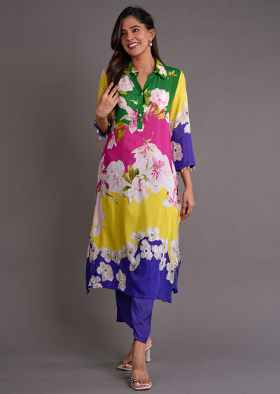 Multi Colour Muslin Straight Cut Kurti Set