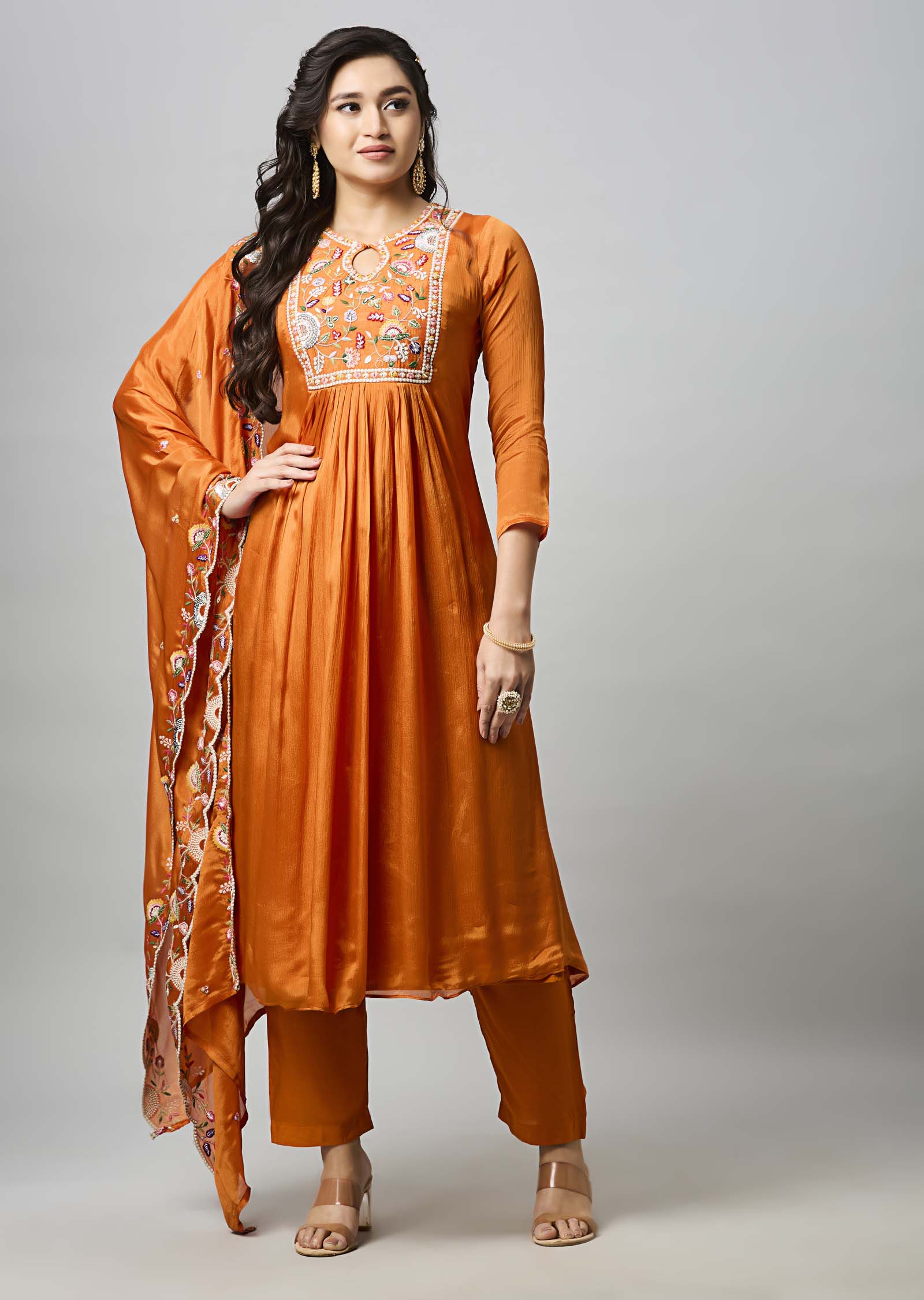 Orange Chinnon Anarkali Suit