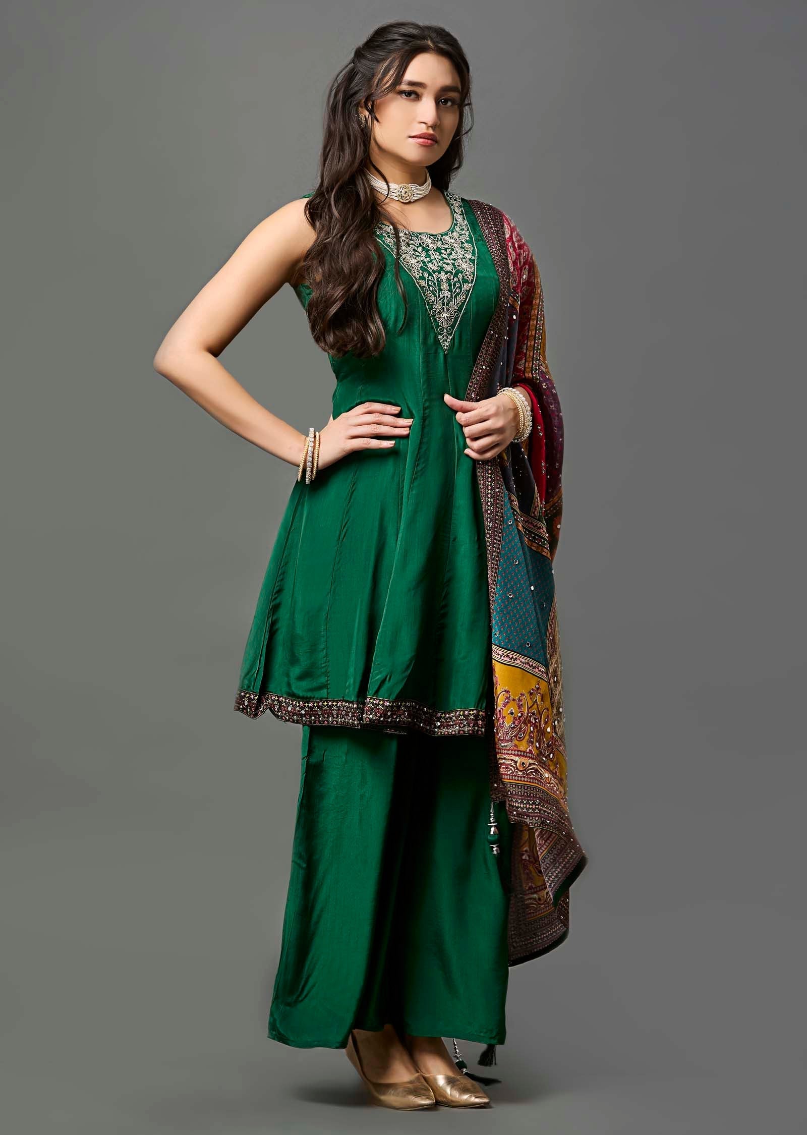 Dark Green Crepe Anarkali Suit