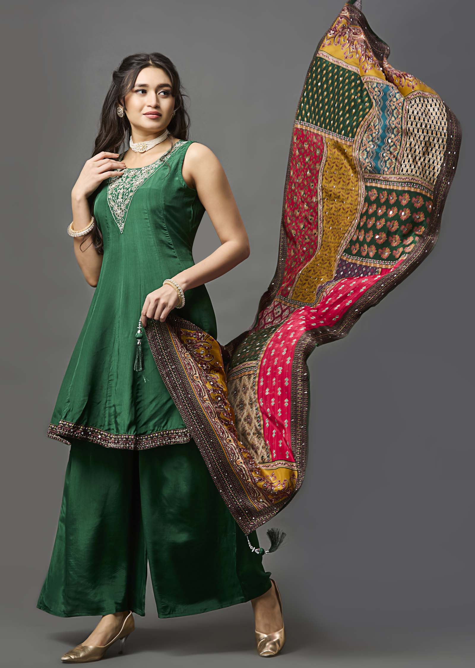 Dark Green Crepe Anarkali Suit