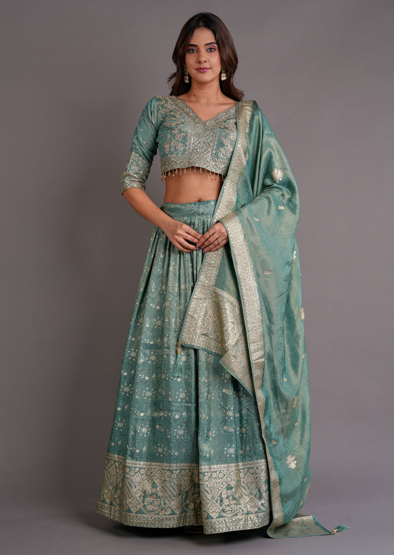Dusty Green Tissue Silk Lehenga
