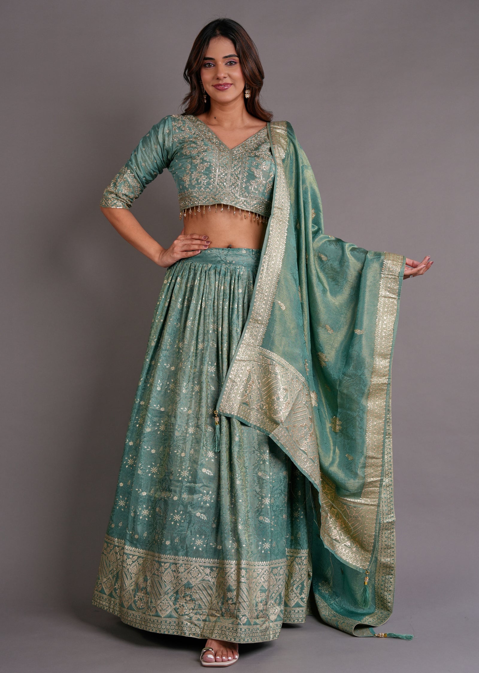 Dusty Green Tissue Silk Lehenga