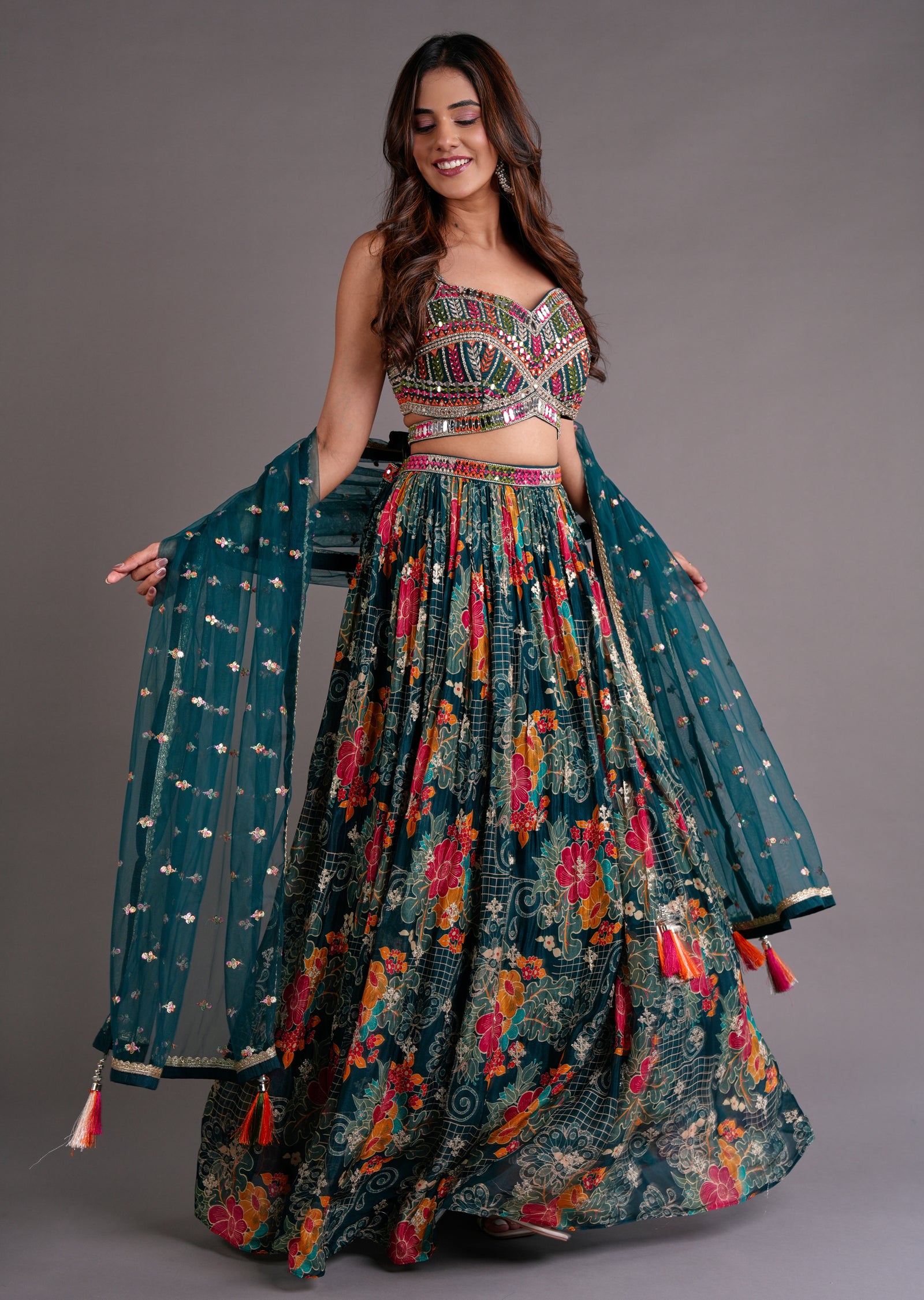 Bottle Green Georgette Lehenga