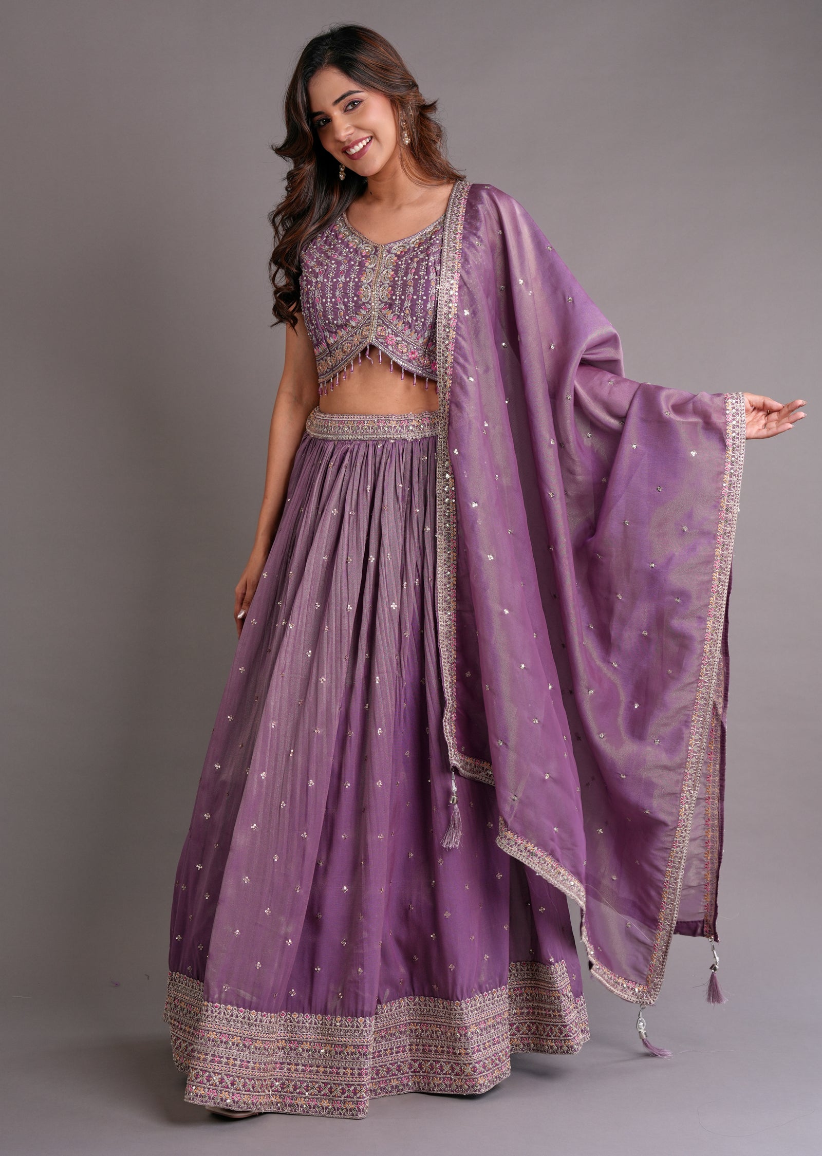 Mauve Tissue Silk Lehenga